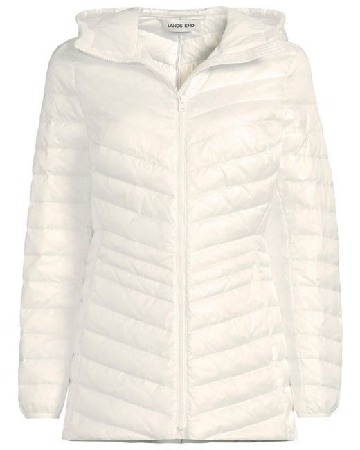 Lands' End White Wanderweight Packable Down Hooded Long Jacket