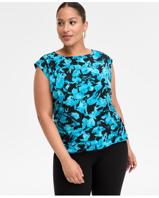 INC International Concepts Blue Plus Size Printed Boat Neck Cap Sleeve Top