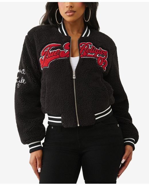 True Religion Black Varsity Chenille Bomber Jacket