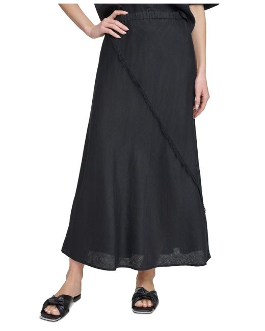 DKNY Black Pull-on Fringe-trim Linen Skirt