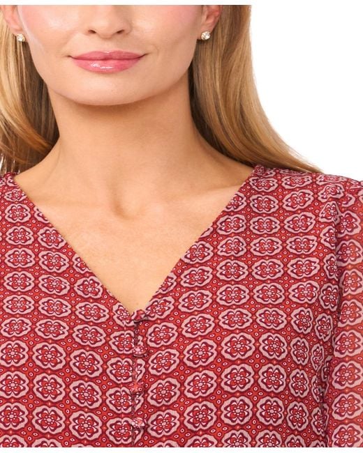 Cece Blue Elastic Cuff V-neck Button Up Top