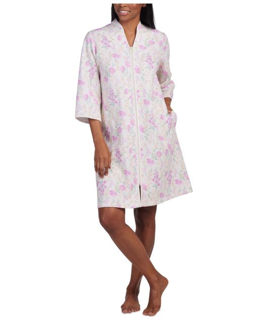 Miss Elaine Multicolor Floral 3/4-sleeve Zip-front Robe