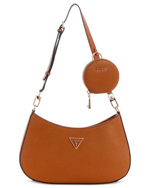 guess alexie top zip shoulder bag brown logo