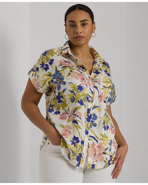 Lauren by Ralph Lauren Multicolor Plus Size Cuffed Short-sleeve Shirt