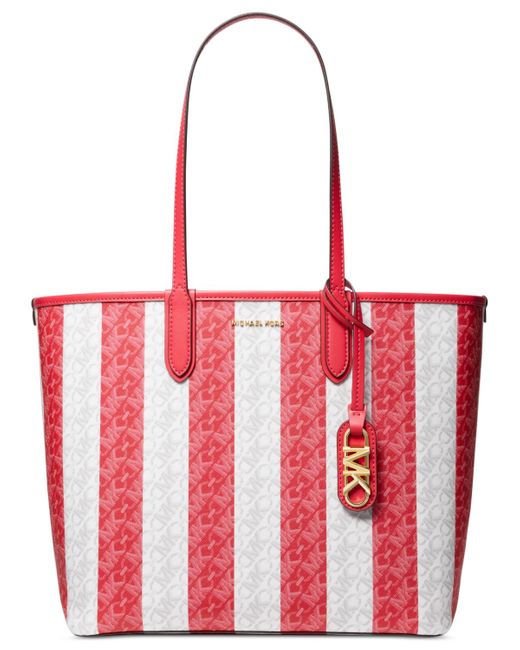 Michael Kors Red Striped Eliza Logo X Large East West Reversible Tote