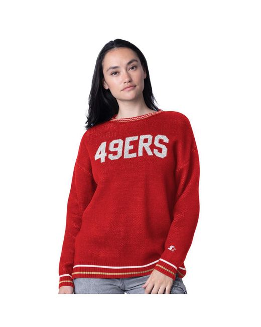 Starter Red San Francisco 49ers Oversized On The Ball Intarsia Knit Pullover Sweater