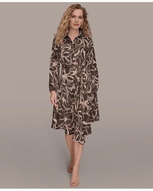 Donna Karan Brown V-neck Printed Dress
