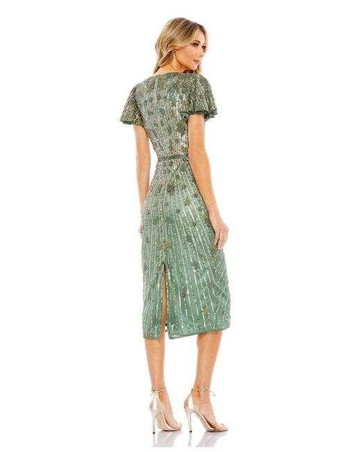 Mac Duggal Green Embellished Faux Wrap Flutter Sleeve Dress