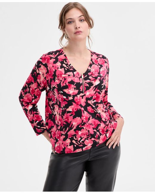 INC International Concepts Red Plus Size Zip-front Long-sleeve Top