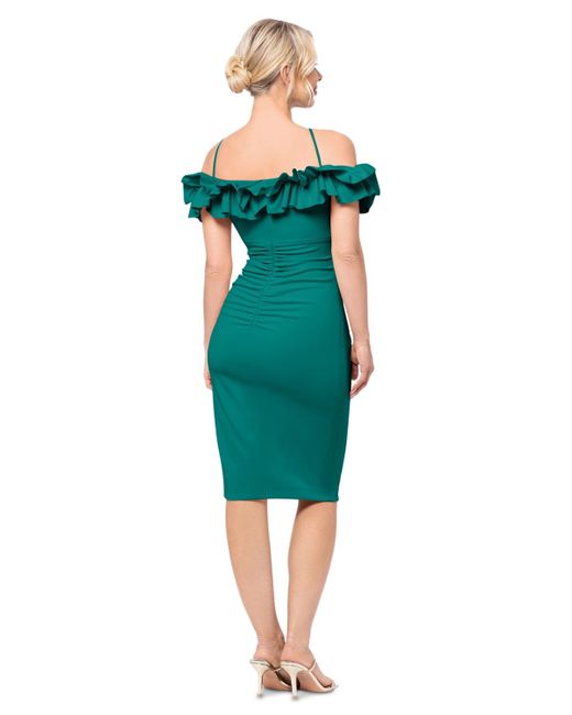 Xscape Green Ruffled Off-the-shoulder Sheath Dress