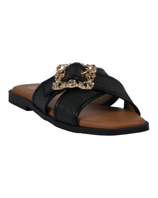 Gc Shoes Black Ivy Embellished Buckle Slide Flat Sandals