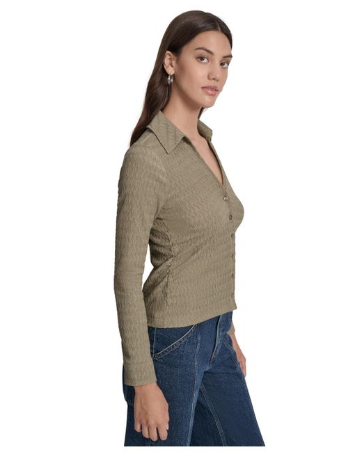 DKNY Multicolor Textured Collared Button-front Top