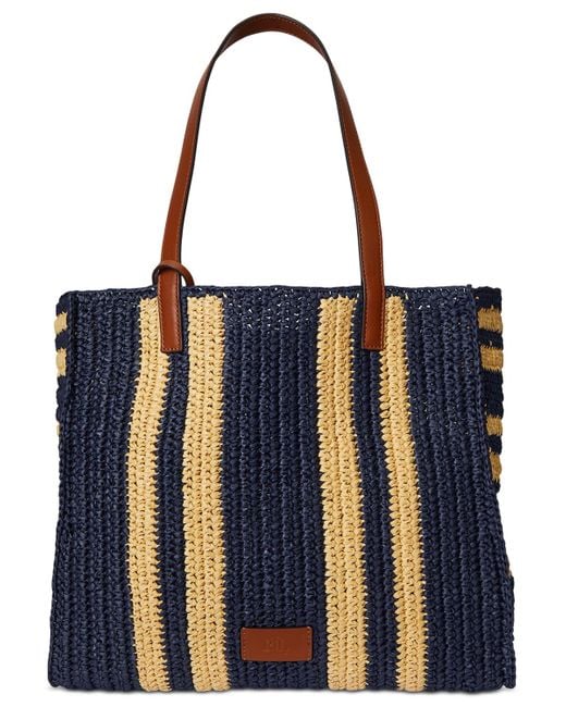 Ralph Lauren Blue Striped Woven Straw Extra Large Wilow Tote Bag
