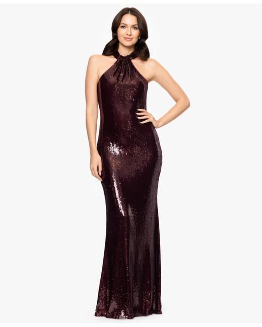 Betsy & Adam Petite Halter Neck Sequin Detail Dress in Purple | Lyst