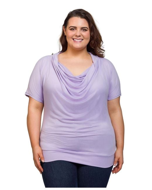 24seven Comfort Apparel Purple Plus Size Cowl Neck Short Sleeve Top