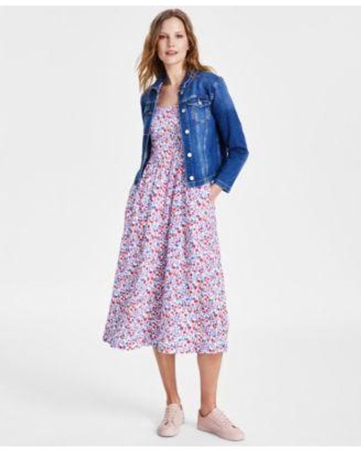 Tommy Hilfiger Blue Smocked Floral Print Cotton Midi Dress Denim Jacket