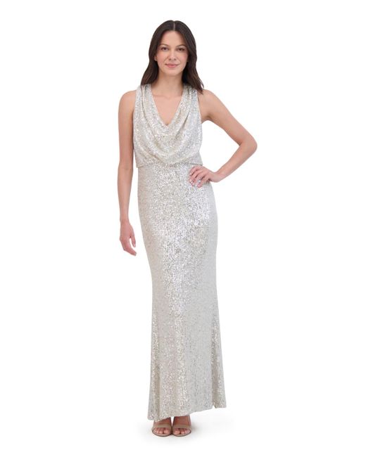 Eliza J Women's White Petite Sleeveless Cowl Neck Sequin Long Gown
