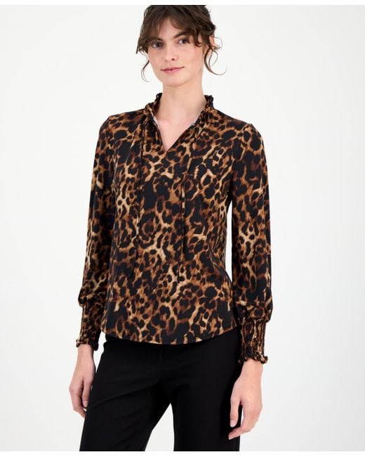 Round Split Neck Anne Klein Animal Print Ruffle Split Neck Top in Black | Lyst