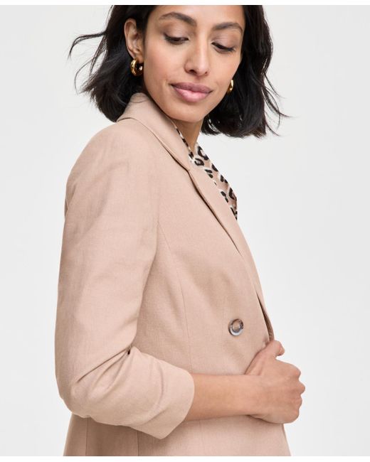 BarIII Natural Ruched-sleeve Open-front Linen Blazer