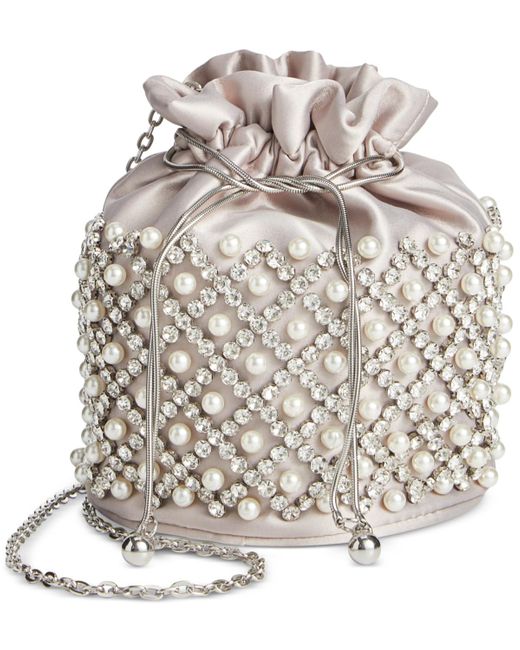 INC International Concepts Metallic Drawstring Embellished Pearl Bucket Bag