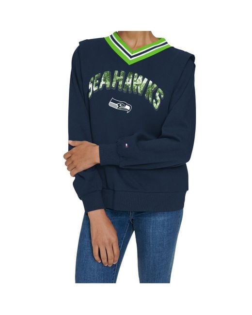 Tommy Hilfiger Blue Navy Seattle Seahawks Alice V-neck Pullover Sweatshirt