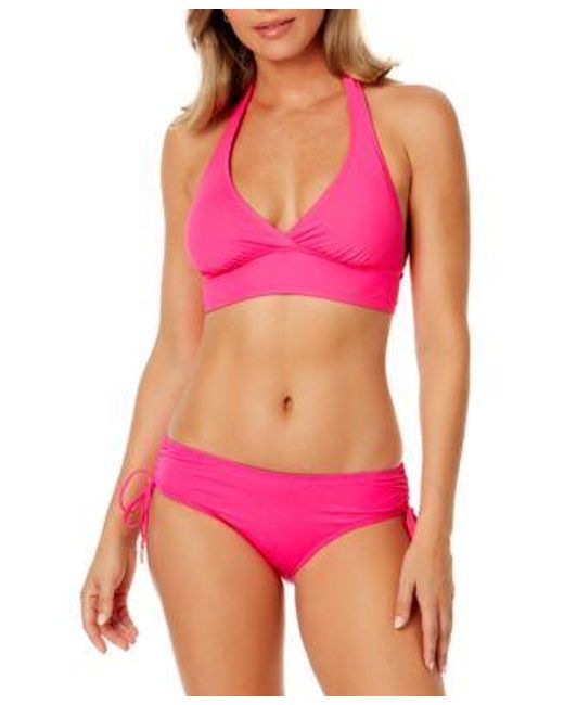 Anne Cole Pink Solid Banded Halter Bikini Top Ruched Side Bikini Bottoms