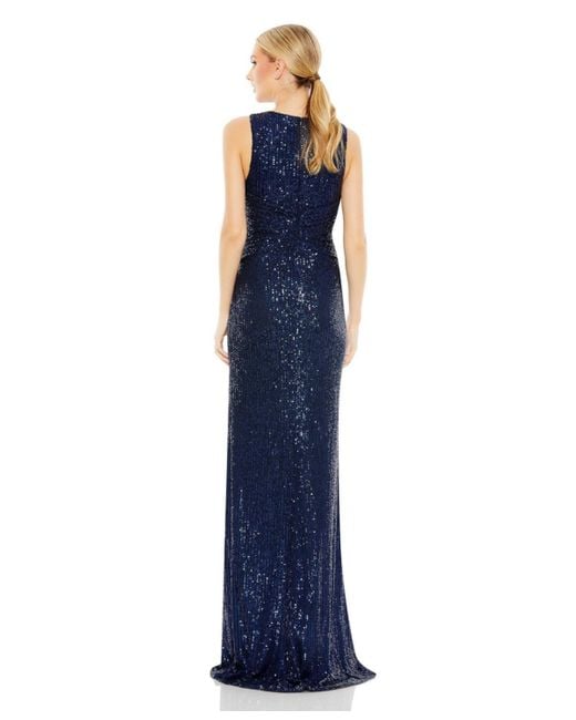 Mac Duggal Blue Ieena V-neck Sequin Wrap Waist Gown