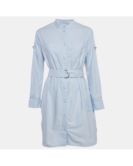 Pre-owned Burberry Blue Cotton Belted Short Shirt Dress
