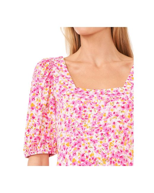 Cece Red Floral Print Square Neck Puff Sleeve Knit Top