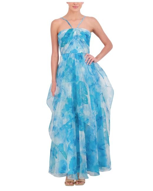 Eliza J Printed Pleated Ruffled Gown in Blue Lyst