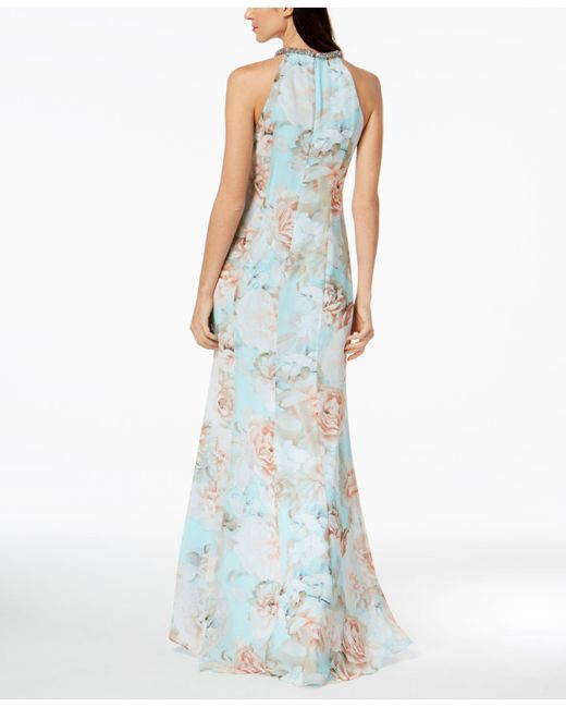 Calvin Klein Floral Draped Chiffon Halter Gown in Blue | Lyst