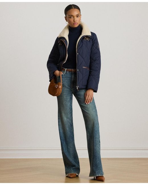 Ralph Lauren Blue Faux-fur-collar Diamond Quilted Jacket