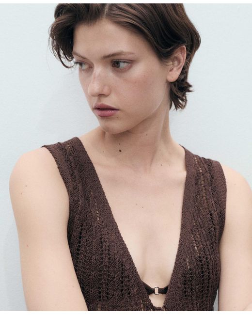Mango White Openwork Bow Closure Knit Vest