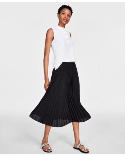 Cece White Sleeveless Rhinestone Embellished Blouse Elastic Waist Pleated Pull On Midi Skirt
