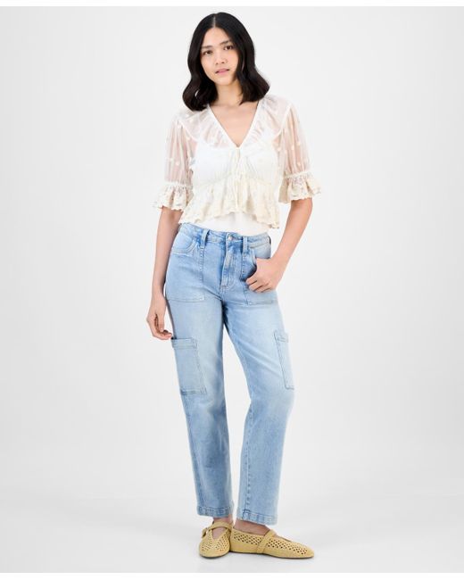 And Now This White V-neck Ruffle-trim Mesh Top