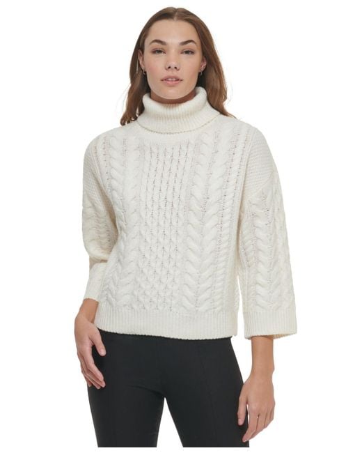 Calvin Klein Synthetic Cable Knit Turtleneck Sweater In Ecru Gray Lyst 3774