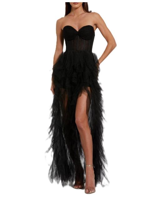 Mac Duggal Black Strapless Bustier Net Gown With Spiral Ruffles