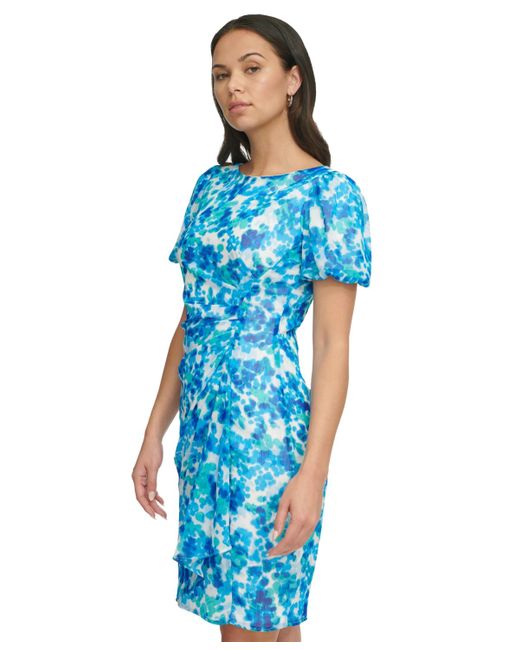 DKNY Blue Printed Boat-neck Bubble-sleeve Sheath Dress