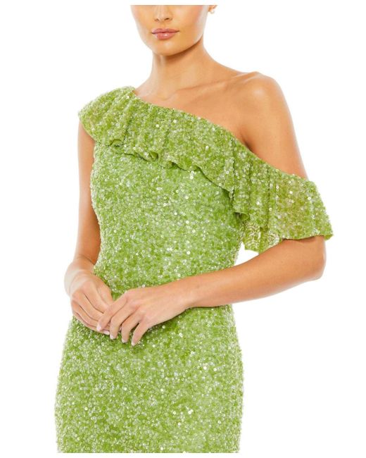 Mac Duggal Green Sequined Drop Shoulder Trumpet Gown