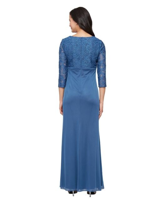 Alex Evenings Blue Lace-bodice Cascade-ruffle Gown