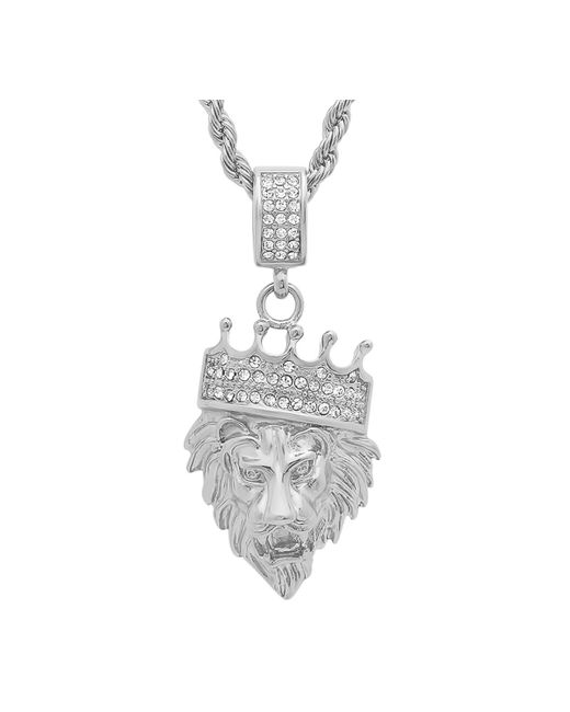 Steeltime White Stainless Steel Simulated Diamond Crowned Lion's Head 30" Pendant Necklace for men