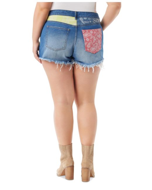 Jessica Simpson Blue Trendy Plus Size Hug Me High-rise Patchwork Jean Shorts