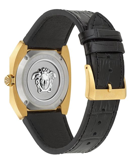 Versace Metallic Swiss Black Leather Strap Watch 44mm for men