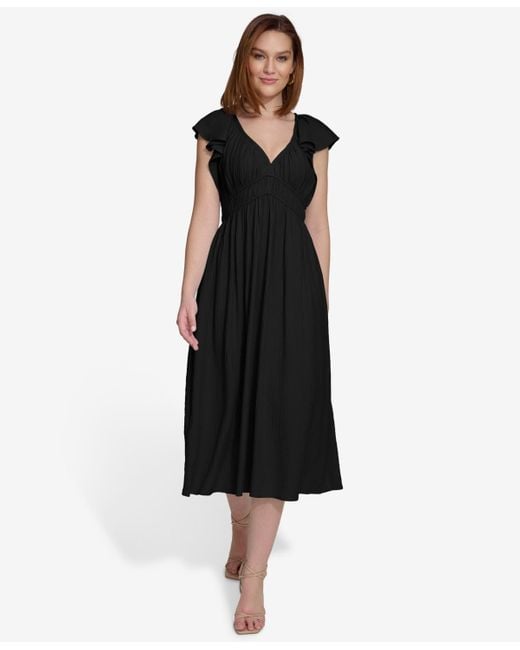 Calvin Klein Black Empire-waist Flutter-sleeve Midi Dress