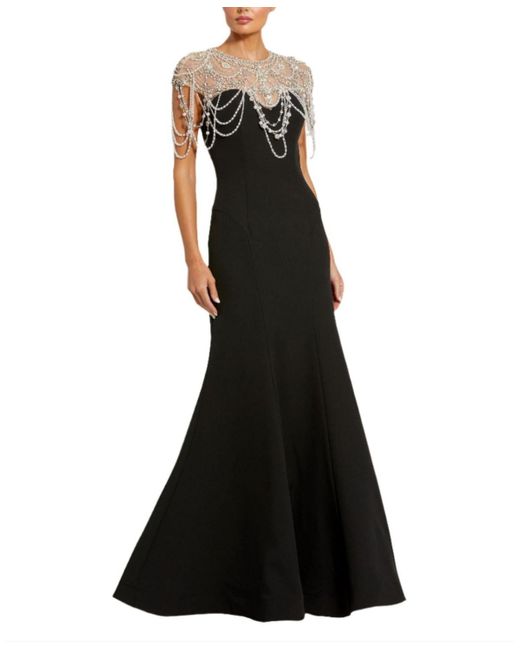 Mac Duggal Draped Pearl Beaded Mermaid Gown in Black | Lyst