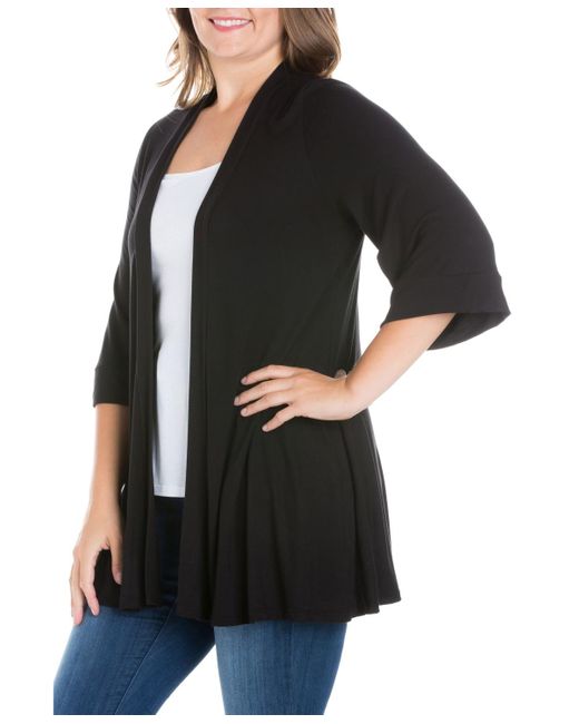 24seven Comfort Apparel Black Plus Size Elbow Length Open Front Cardigan Sweater