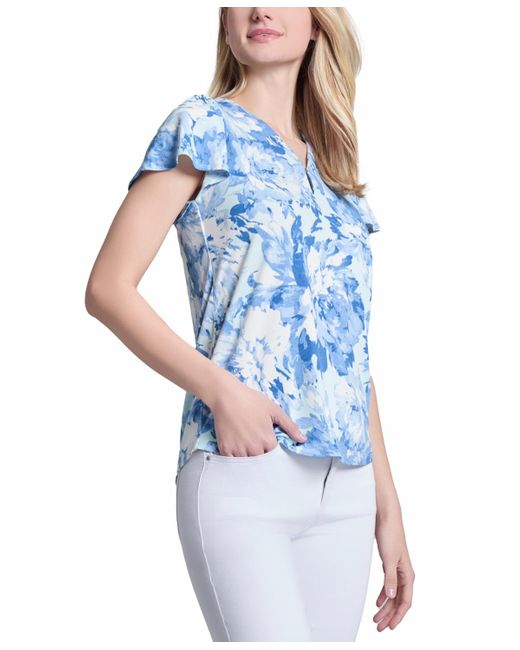 Jones New York Blue Printed Moss Crepe Flutter-sleeve Top