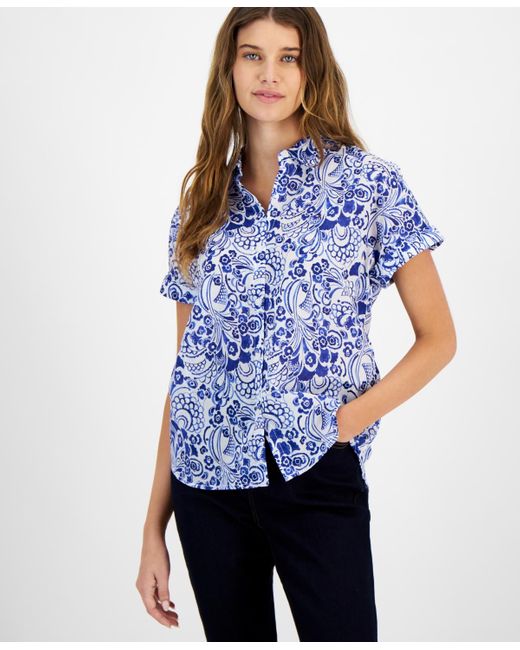 Tommy Hilfiger Blue Cotton Floral-print Camp Shirt