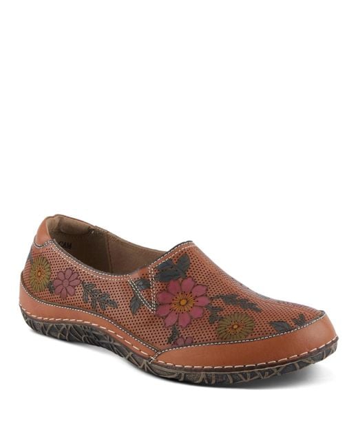L'ARTISTE Brown Libora-delite Handpainted Leather Floral Slip-on Shoes