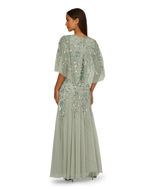 Adrianna Papell Green Beaded Cape Crewneck Dress